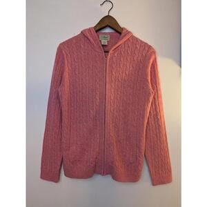 L.L.Bean Women's Cable Knit Full Zip Hoodie Sweater Size M Pink Lambswool Blend